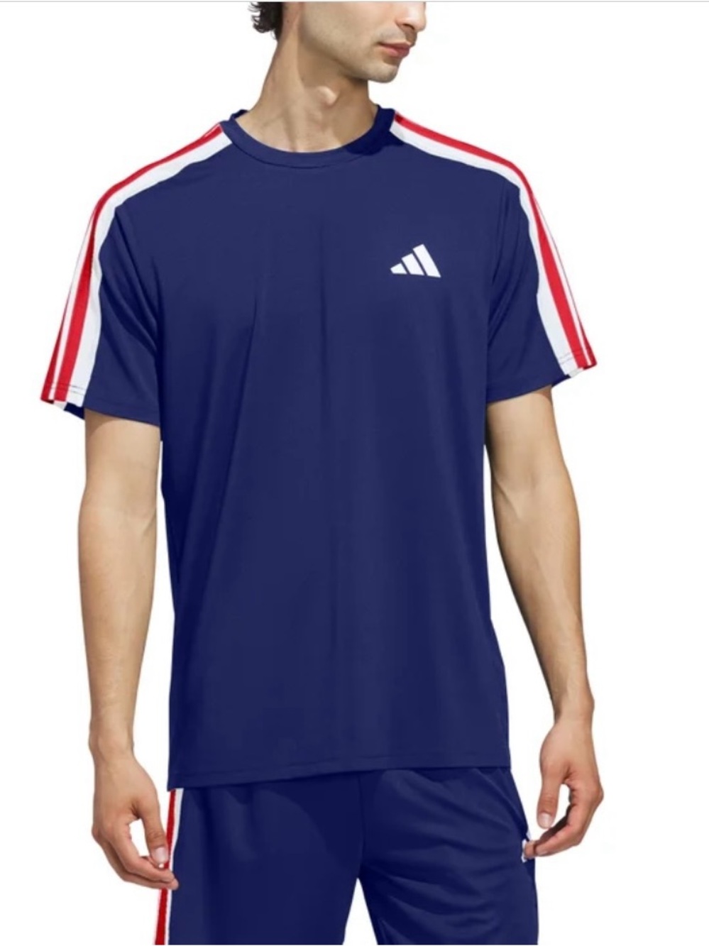 adidas Men's Navy Short Sleeve Tee with Red White Shoulder Stripes polyester xxl